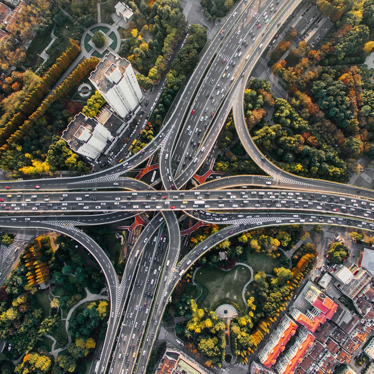 Aerial view of city road network and route corridors